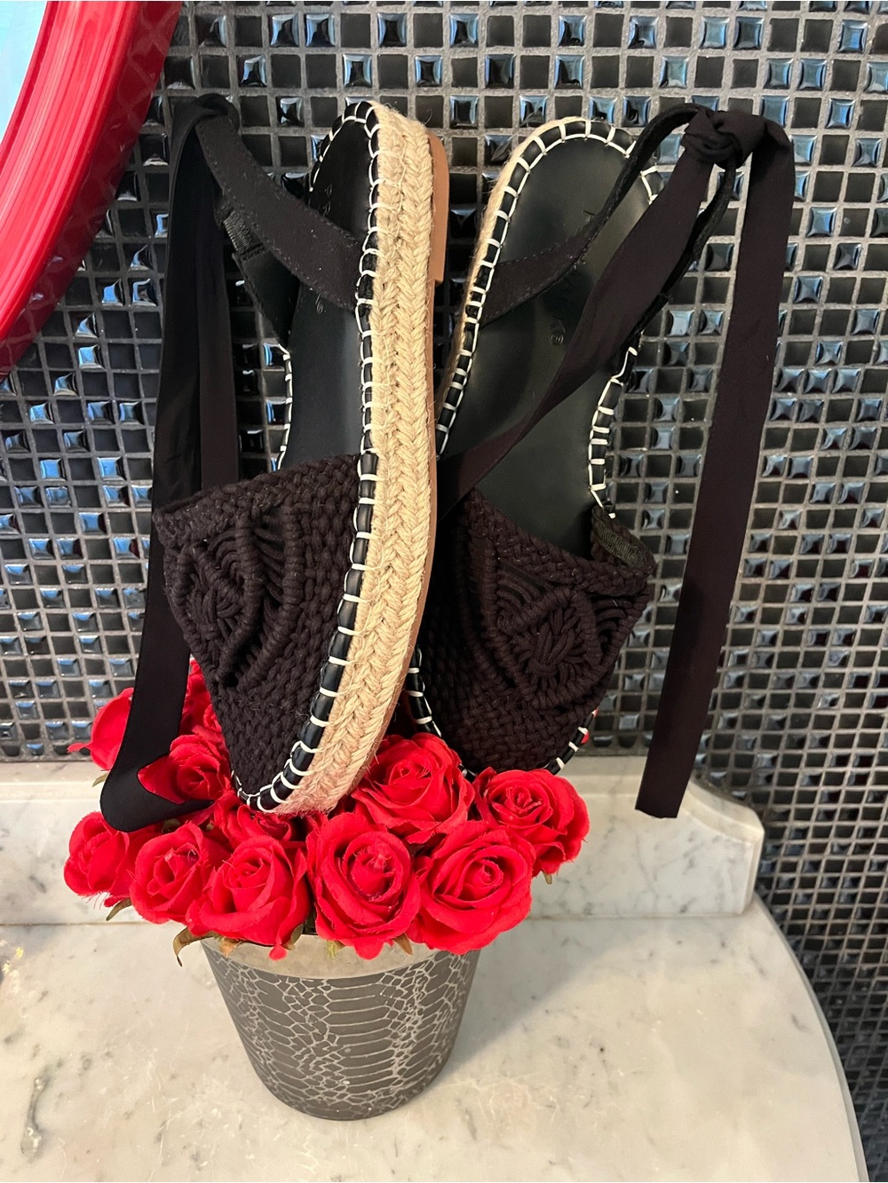 NEW Black Woven macrame Espadrille Sandals with lace up ankle ties - Picture 14 of 15